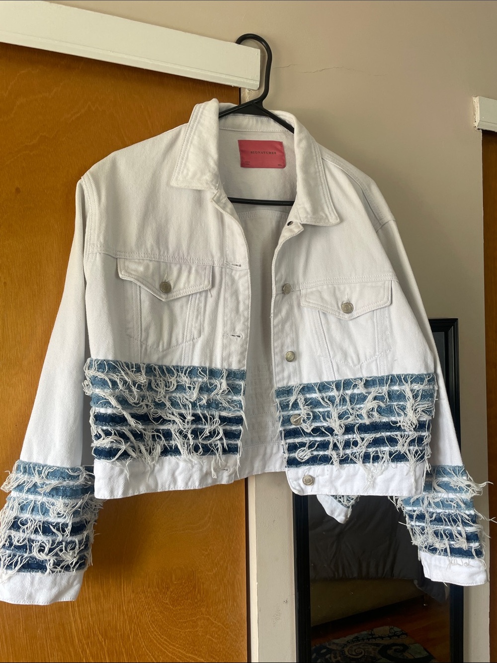 Signature boutique, white and blue denim frayed jacket